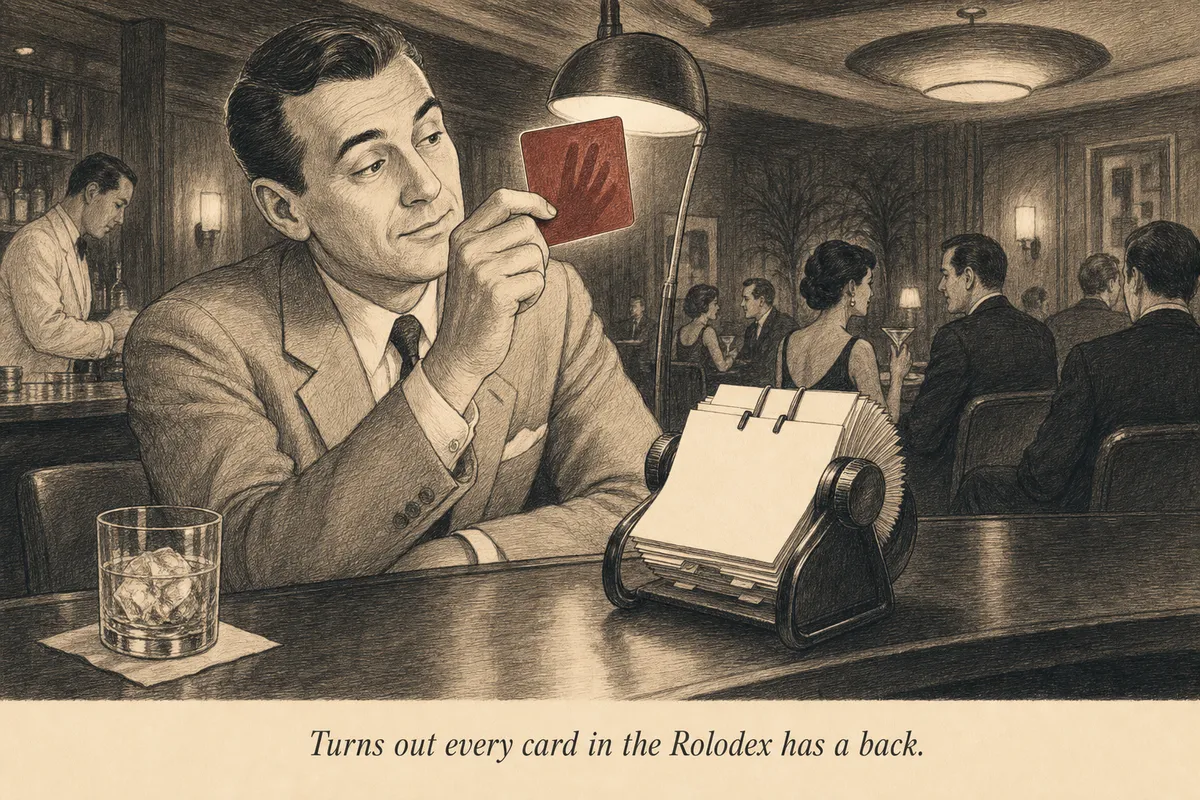 An operator at a cocktail bar holds a Rolodex card up to the light, revealing hidden text on the back side