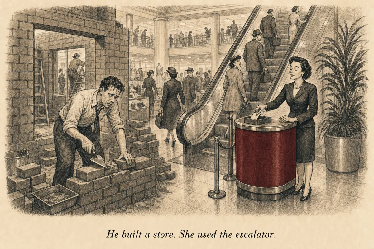 A weary founder builds a separate store brick by brick while an operator installs a small collection counter beside an already busy escalator
