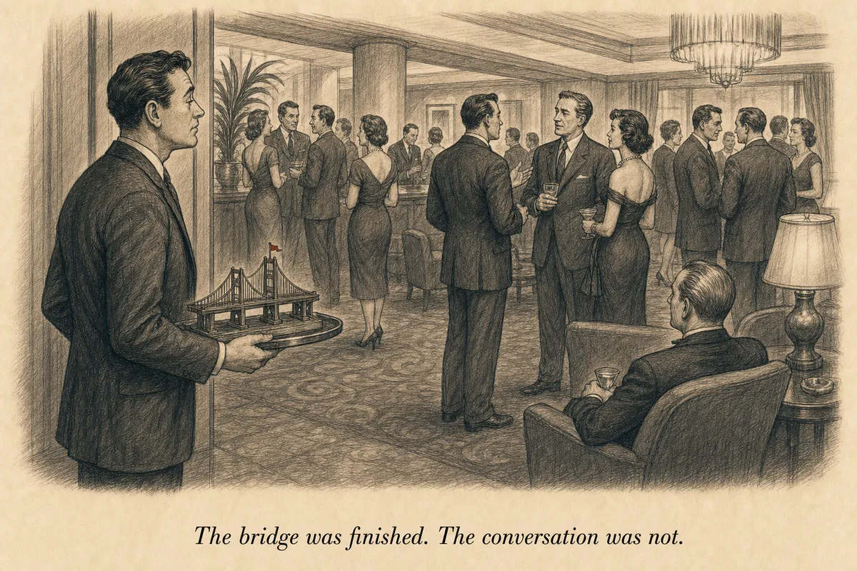 A technical operator stands at the edge of a business mixer holding a miniature bridge while a potential partner talks across the room