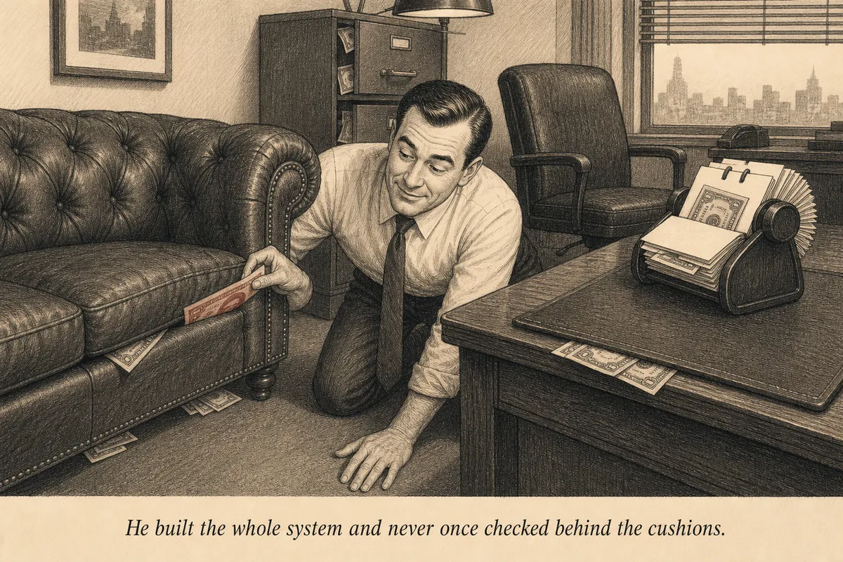 An operator on his knees checking between the couch cushions of an office sofa, finding stacks of bills