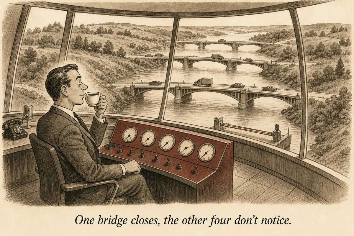 An operator watching five small bridges from a hilltop control room while one bridge is closed for repairs and traffic reroutes to the other four