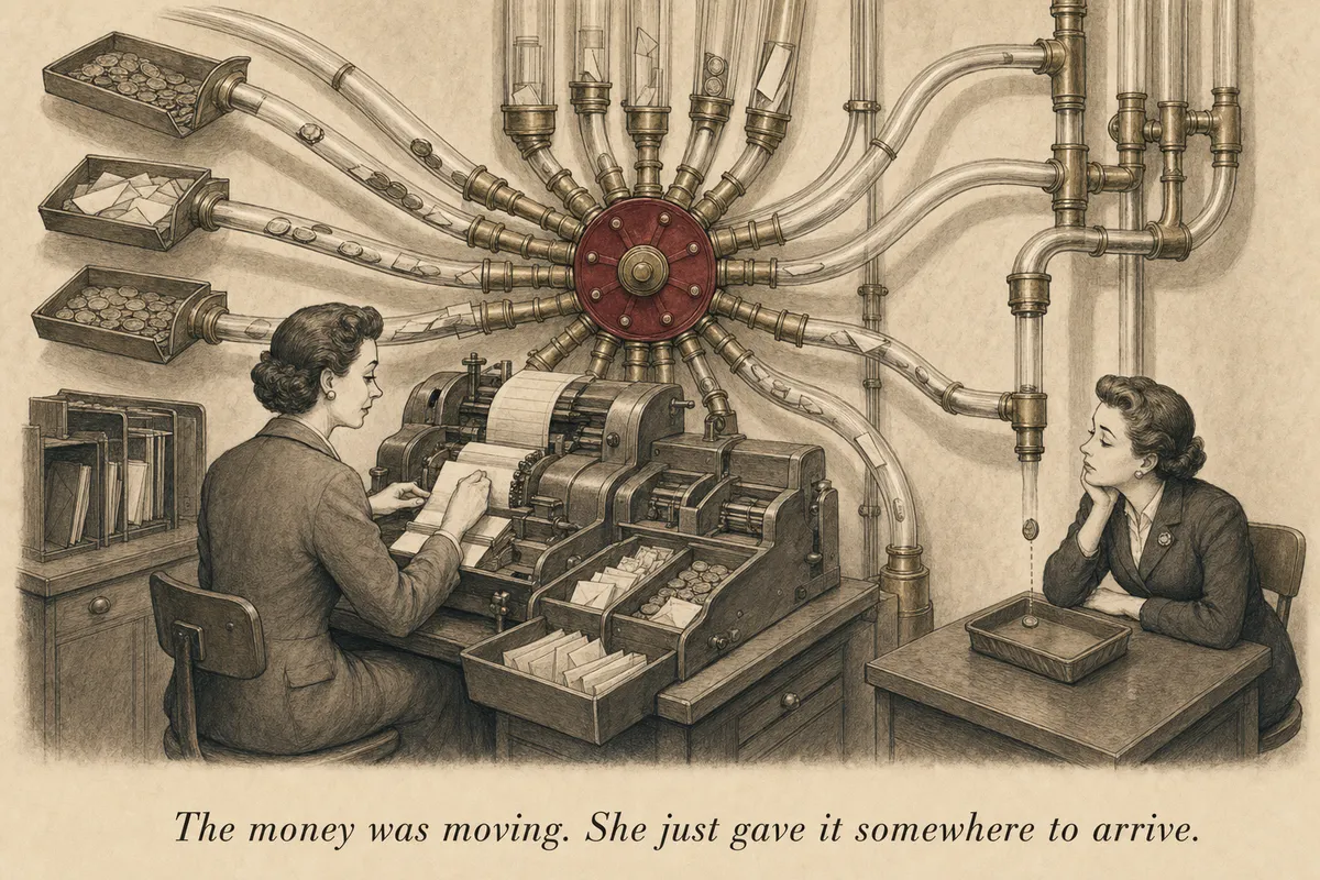 An operator stands at a bank back-office routing wall where many pneumatic tubes feed one central ledger machine