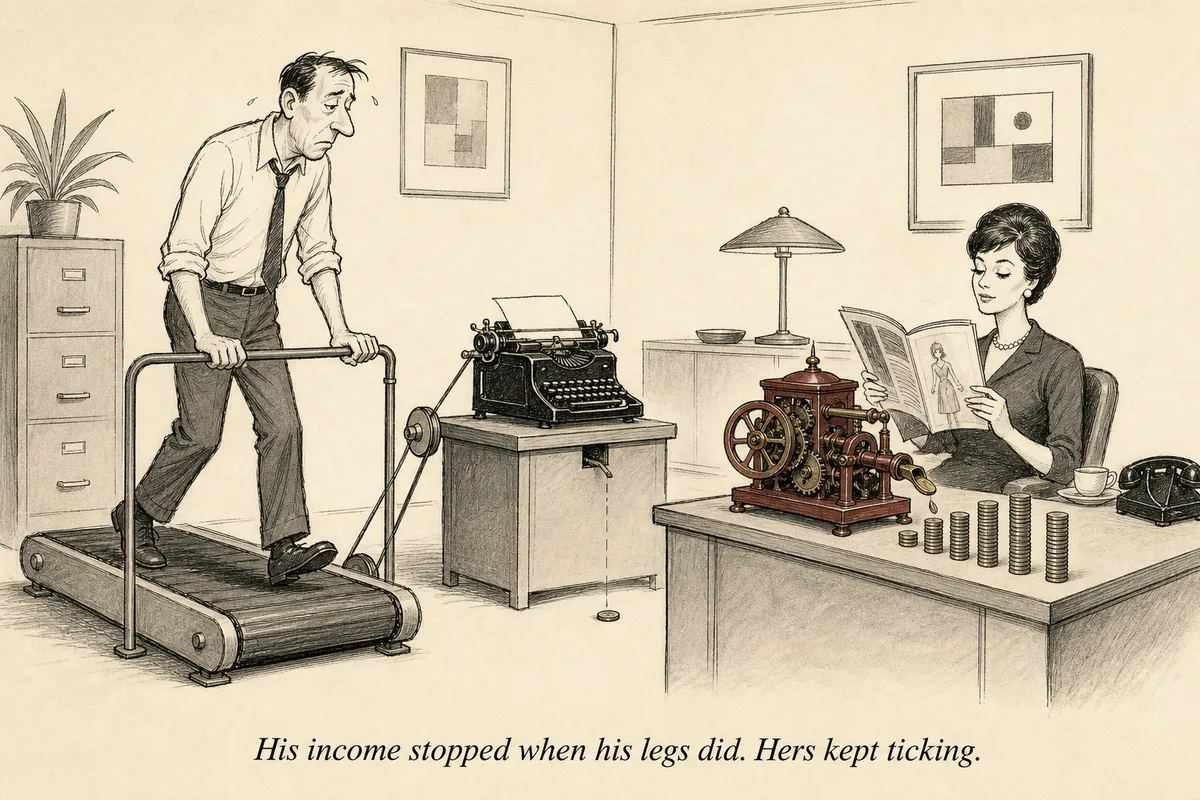 A tired consultant walks on a treadmill that powers a typewriter while a composed operator watches a clockwork desk machine stack coins by itself