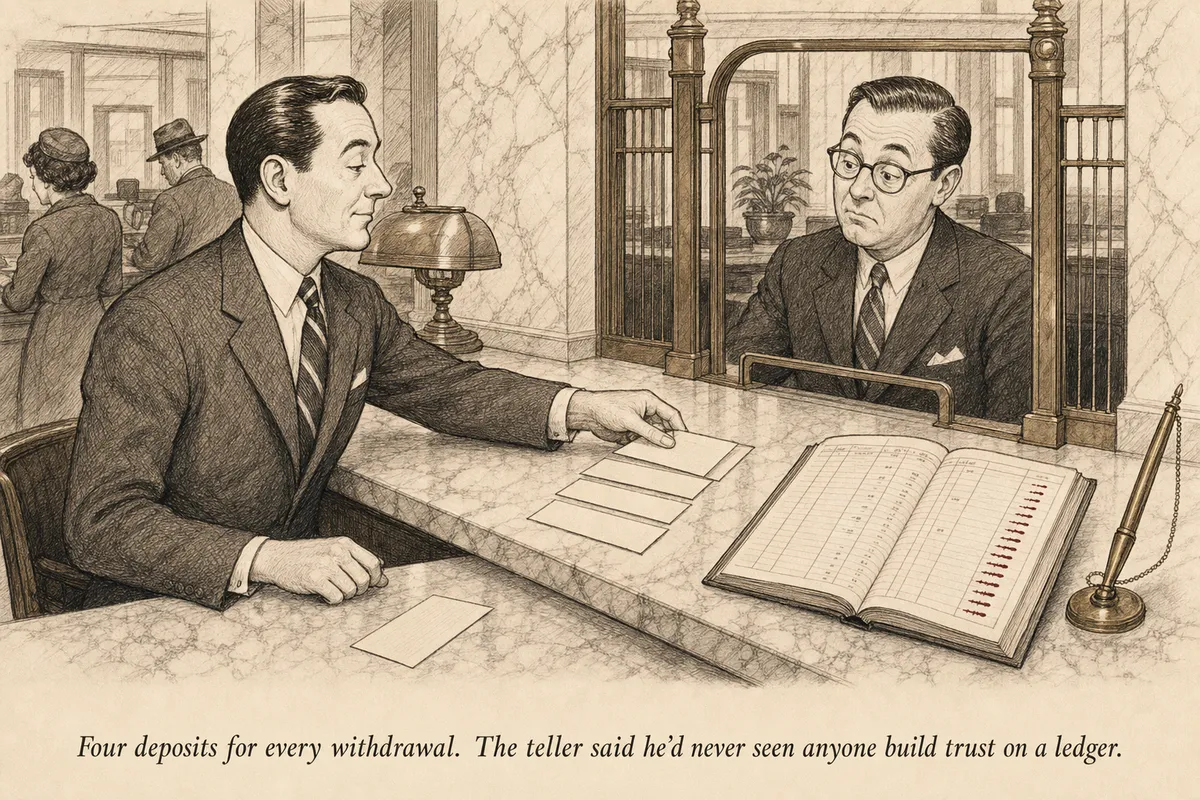 An operator at a bank teller window making four deposits for every one withdrawal, with the teller nodding approvingly at the growing balance