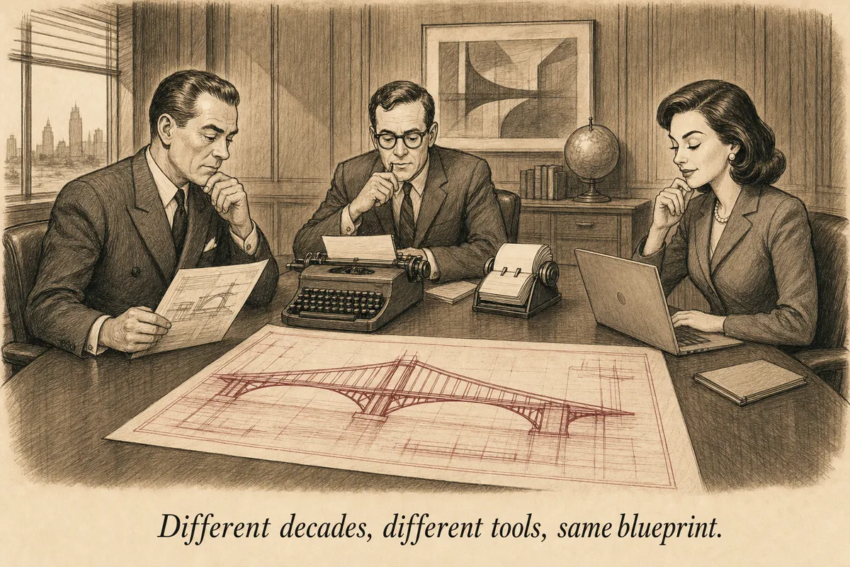 Three operators from different eras sitting at the same conference table: 1957 industrialist with a patent, 1978 finder with a Rolodex, 2026 digital operator with a laptop, all looking at the same blueprint