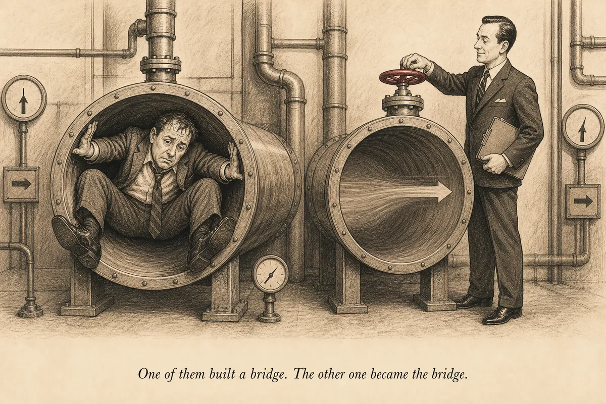 An operator wedged inside a pipe between two rooms, blocking the flow, while a second operator calmly monitors the same pipe from outside with a valve and clipboard