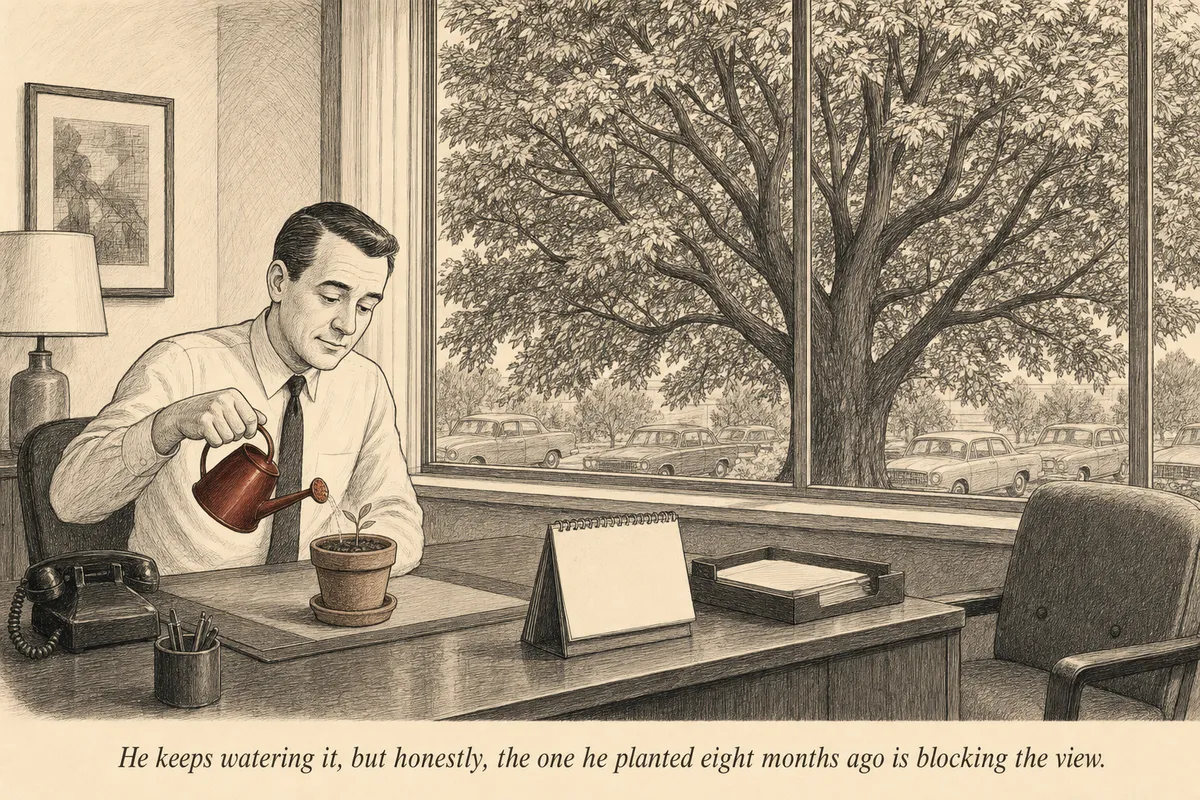 An operator at a mid-century desk stares at a tiny seedling in a pot while behind him, visible through the office window, an enormous tree towers over the parking lot