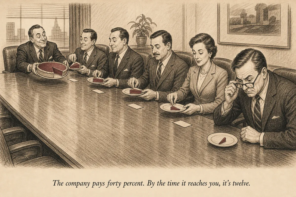 A chain of middlemen passing a document down a long conference table, each taking a slice of a shrinking pie, while the operator at the end receives a crumb