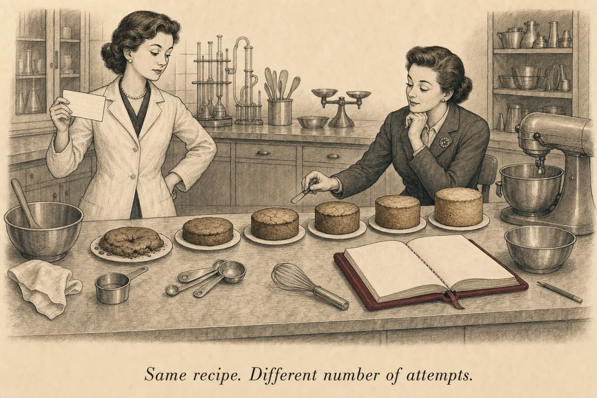 Two operators in a mid-century test kitchen compare a failed cake with a row of improved test cakes and an open notebook