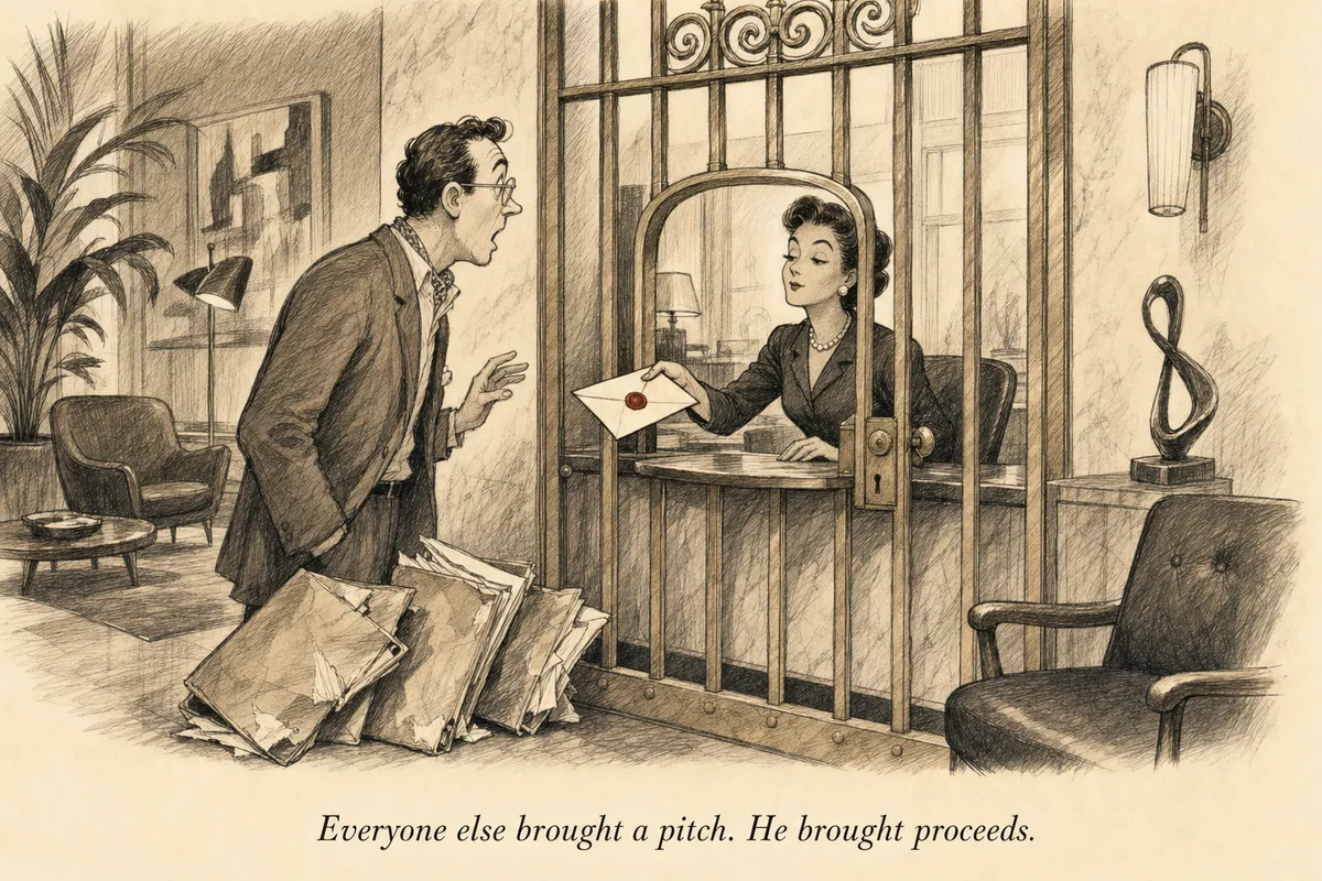 An operator passes a sealed envelope through a gated service window to a surprised creator while crumpled pitch folders pile up nearby