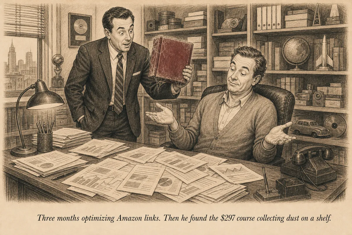 An operator discovering a dusty course on a shelf behind the creator's desk, holding it up like a found treasure while the creator shrugs