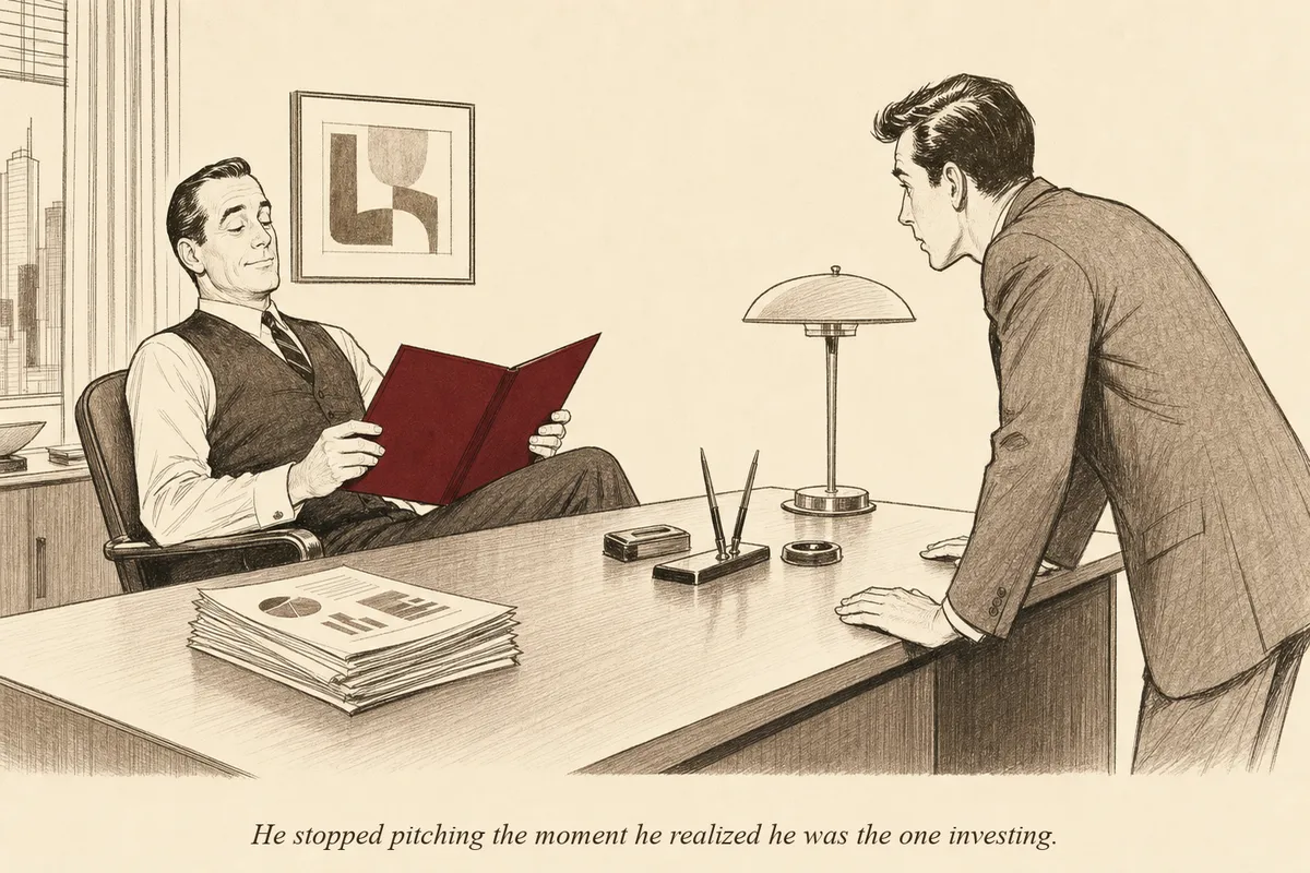 An operator sitting calmly in a chair across from a nervous creator, reviewing a portfolio folder while the creator leans forward anxiously