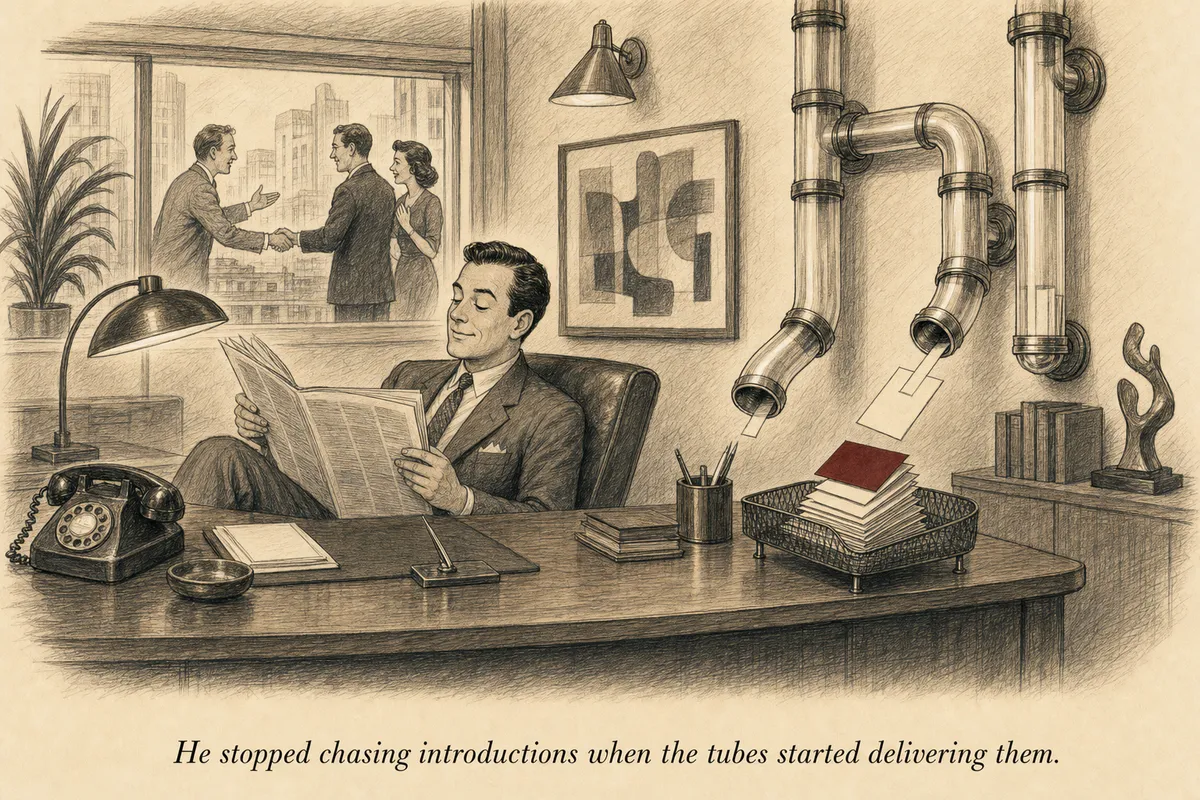 Referral cards drop through pneumatic tubes into a tray while an operator reads the newspaper beside a window where creators introduce each other