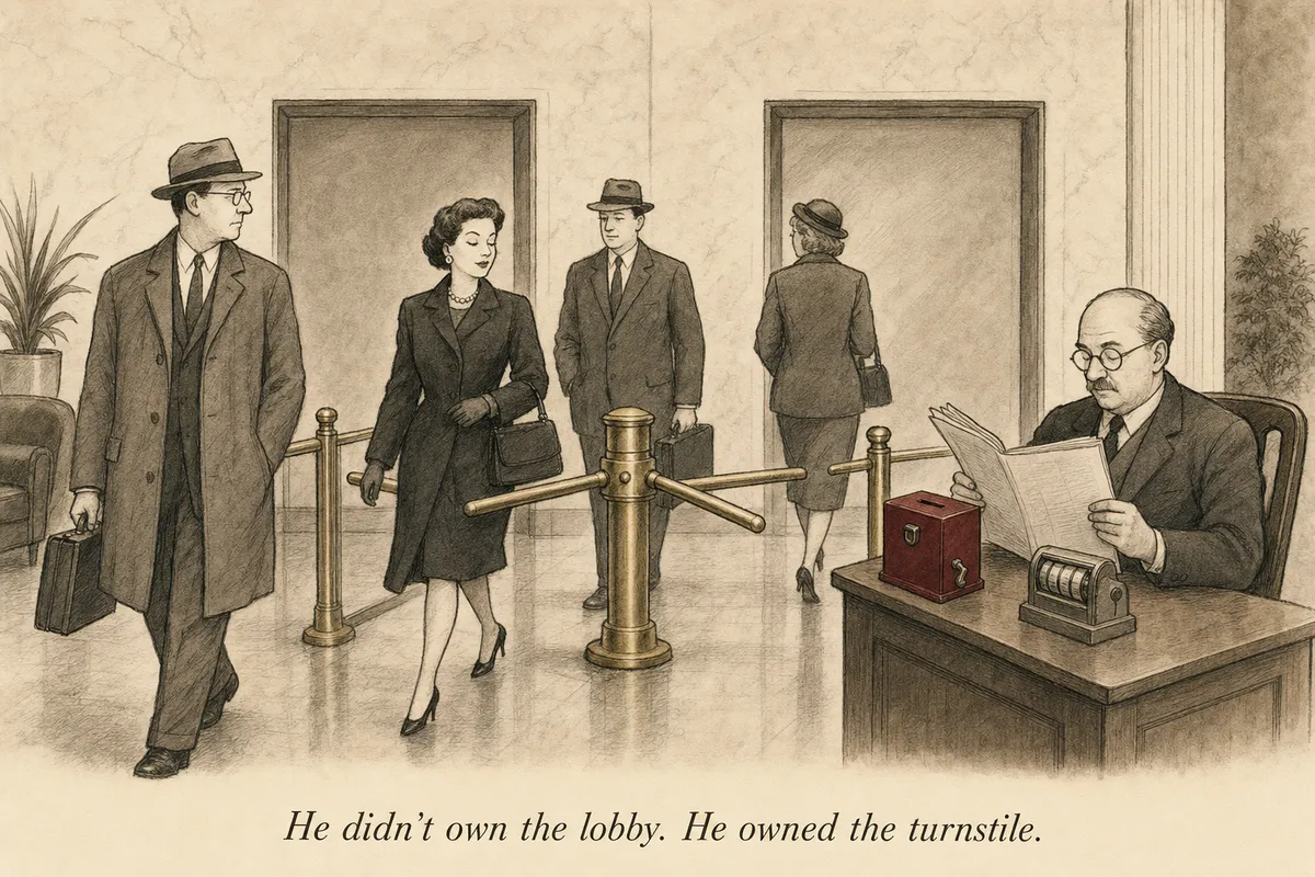 A composed operator reading the newspaper beside a brass turnstile while a line of office travelers passes through and drops coins into a collection box