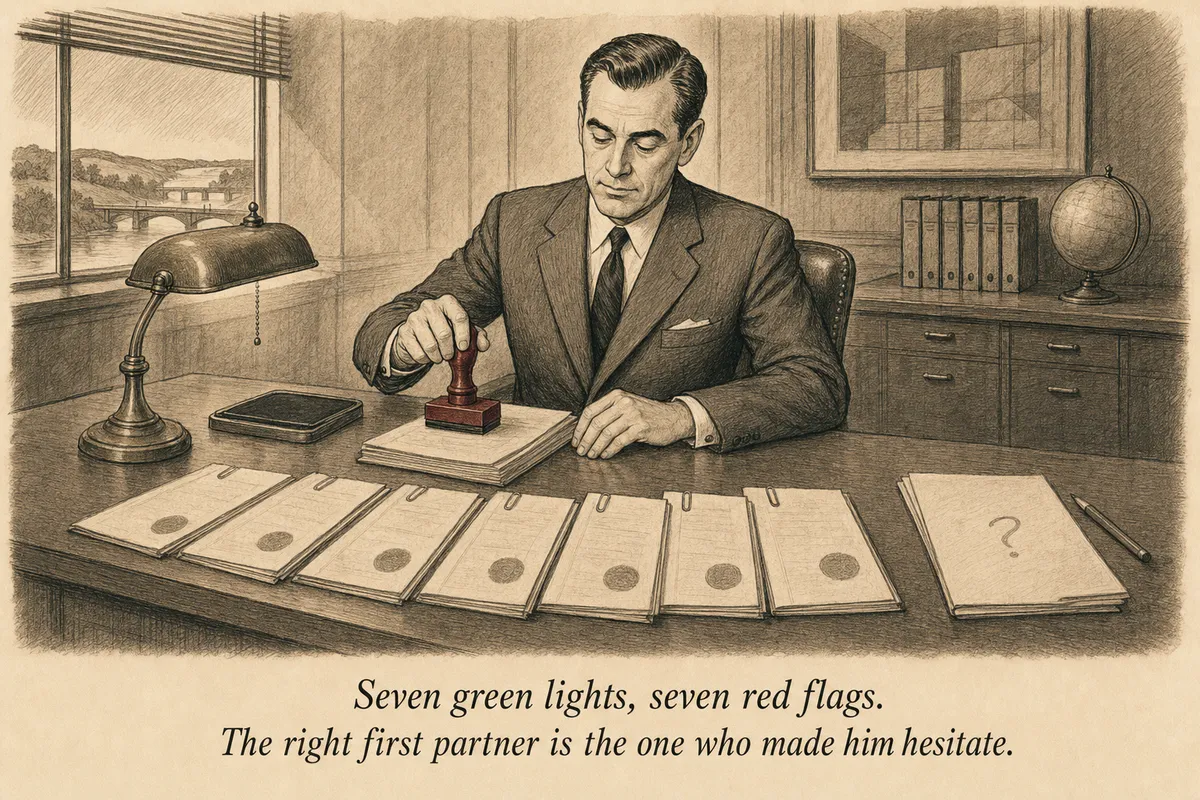 An operator at a mid-century review desk stamping 'DISQUALIFIED' on partner dossiers while one clean file sits untouched at the edge
