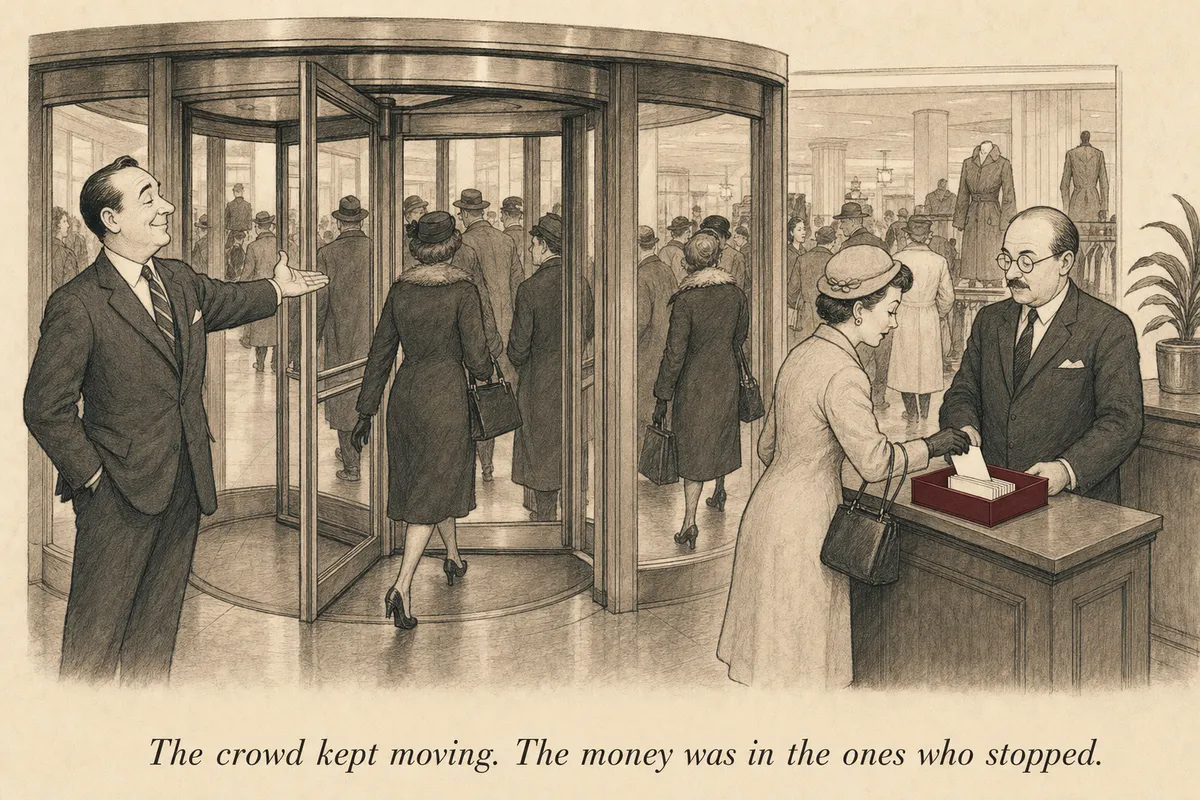 A creator proudly gestures at a busy revolving door while an operator at a small side counter captures a thin stream of shoppers leaving cards