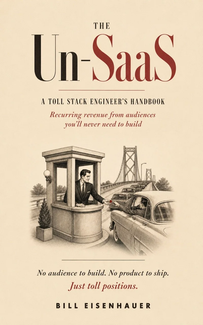 The Un-SaaS book cover — a toll booth operator at a bridge collecting tolls from passing cars, New Yorker cartoon style