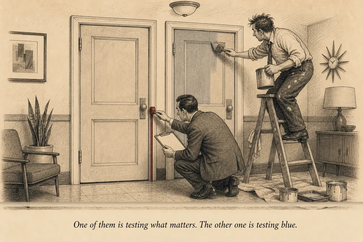 An operator studies two doors side by side with scientific instruments while another person paints one of the doors a slightly different shade of blue