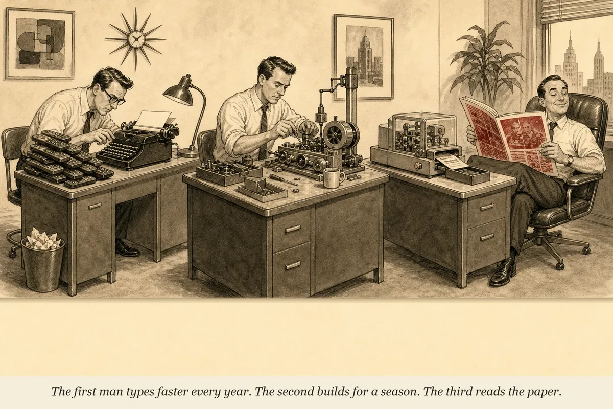 Three workers at three identical desks — the first is using a typewriter and has a stack of remotes beside him, the second is assembling a complex machine with many gears and components, the third sits reading a newspaper while the assembled machine runs on its own behind him