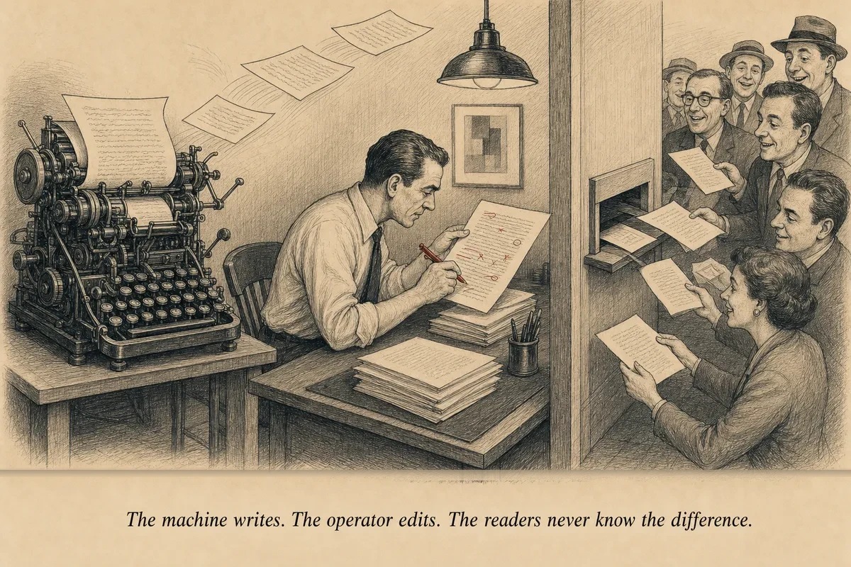 An operator feeds data into a typewriter that produces pages while an editor reviews them with a red pen before they go out the door