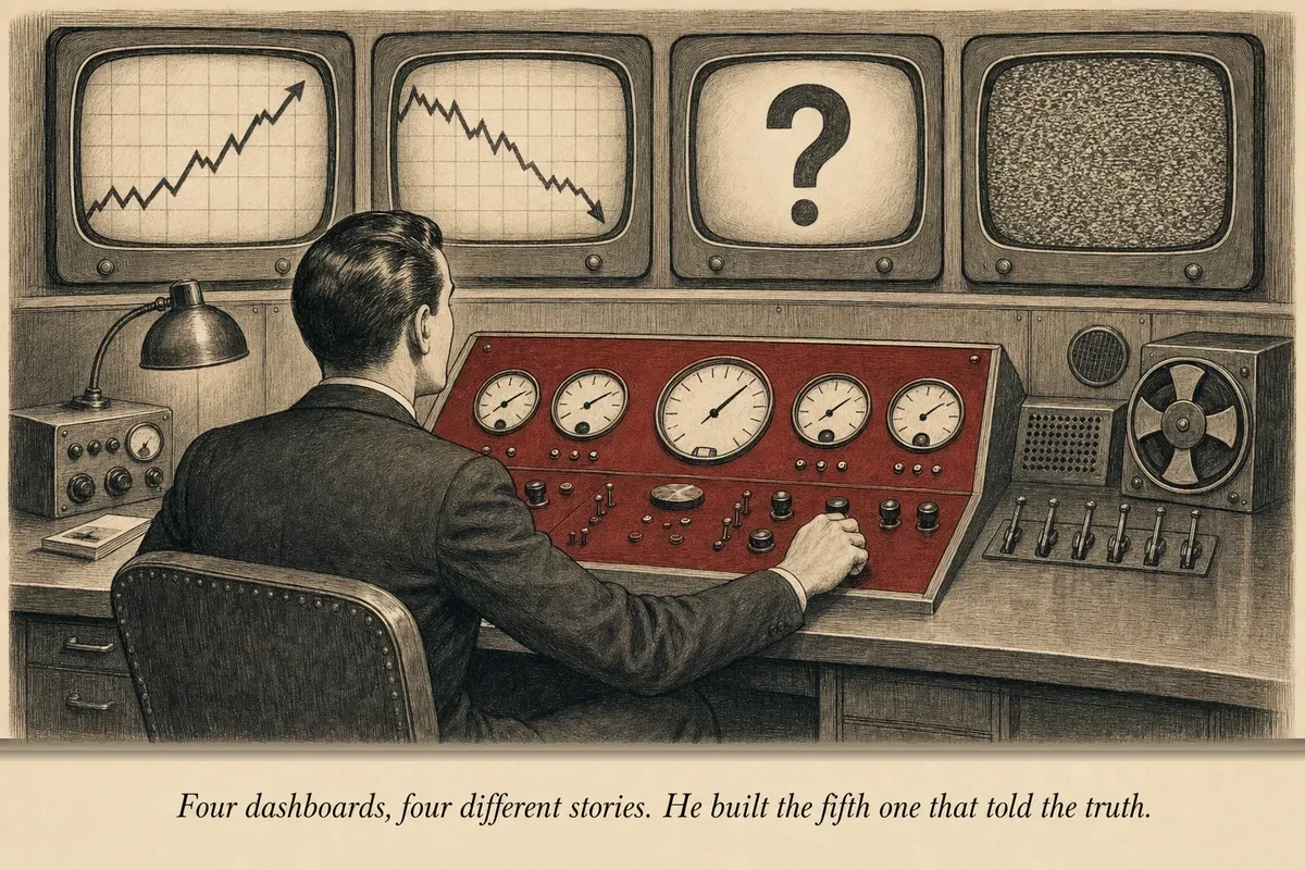 An operator sits at a single control panel with clean gauges while behind him four separate TV screens show contradictory numbers
