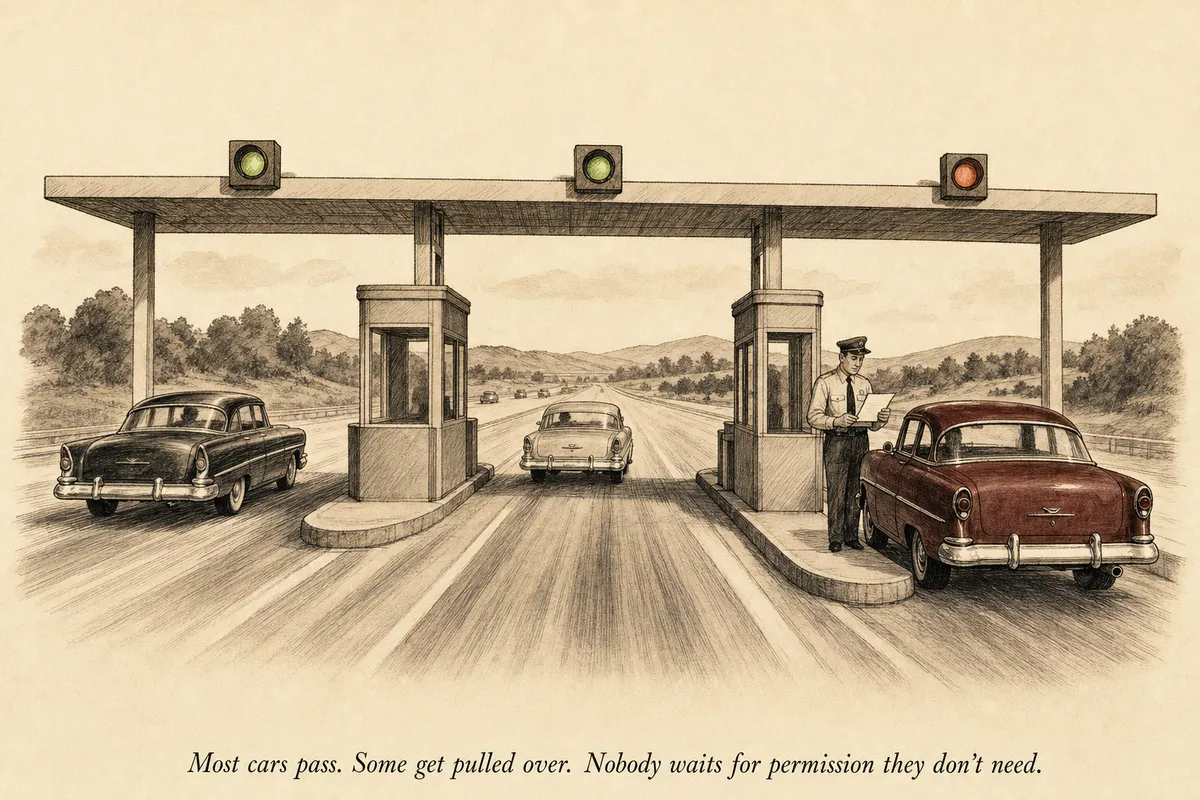 A tollbooth with three lanes — the first two have green lights and cars passing automatically, the third has an amber light and a single officer holding a clipboard, waiting calmly
