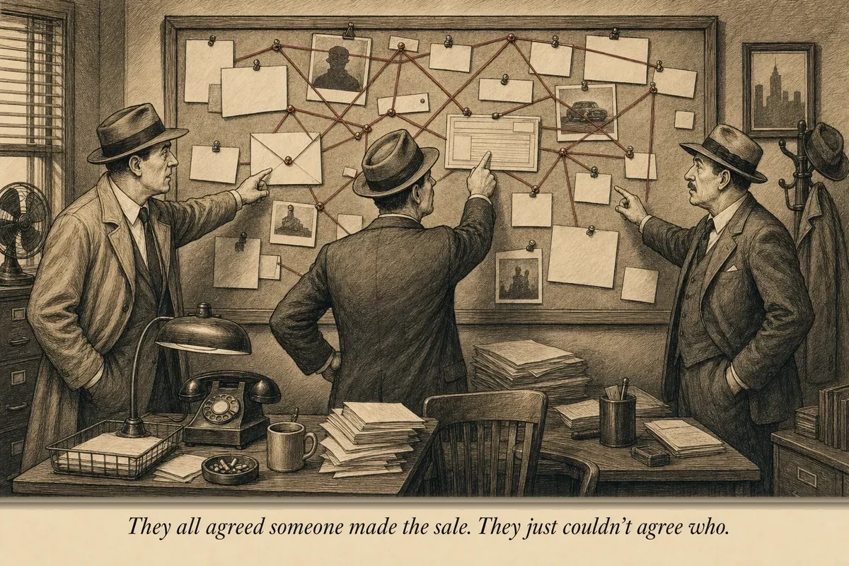 Three detectives examining a crime scene, each pointing at a different clue with absolute certainty