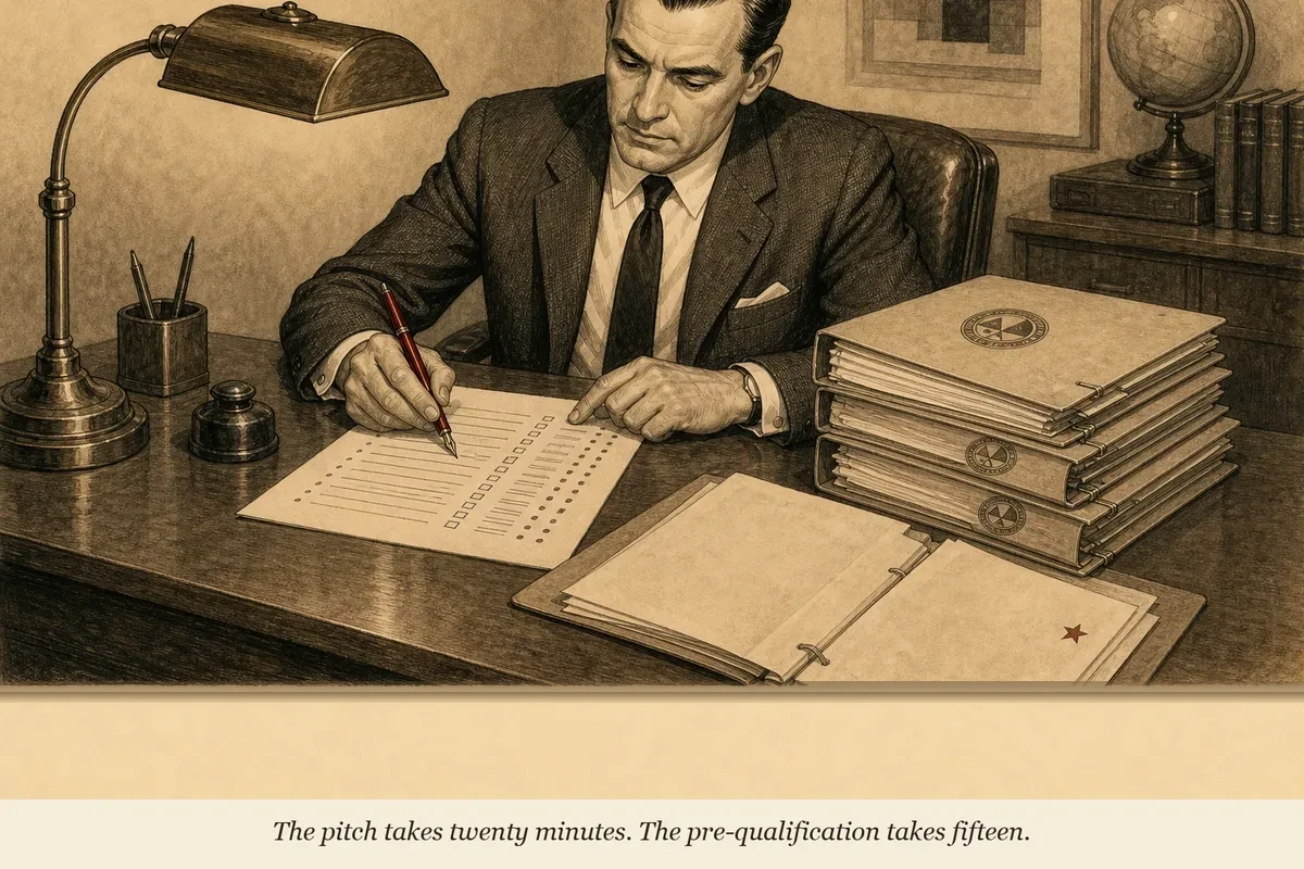 An operator at a mid-century review desk running a pen down a checklist while five creator dossiers are stacked to one side — four stamped 'NOT READY,' one open on the desk