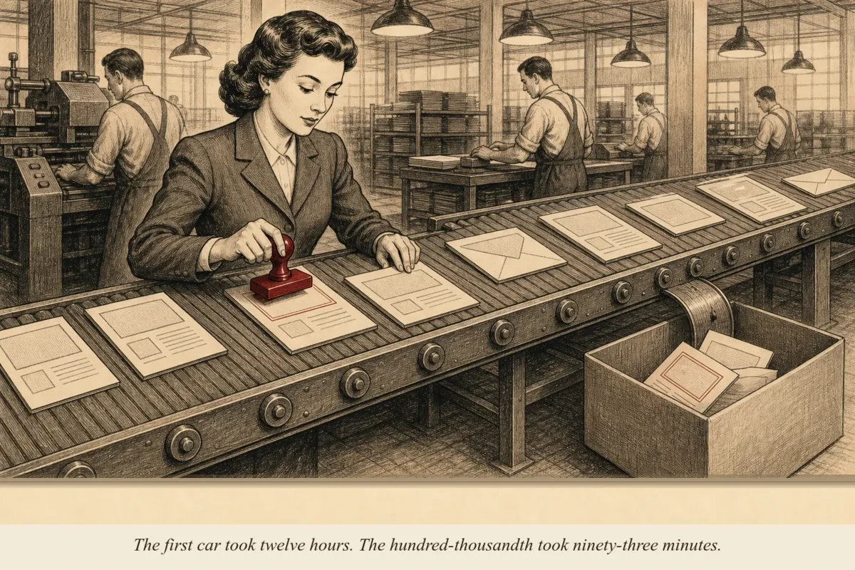 An assembly line where landing pages, email icons, and tracking pixels move along a conveyor belt while an operator stamps each one 'DEPLOYED'