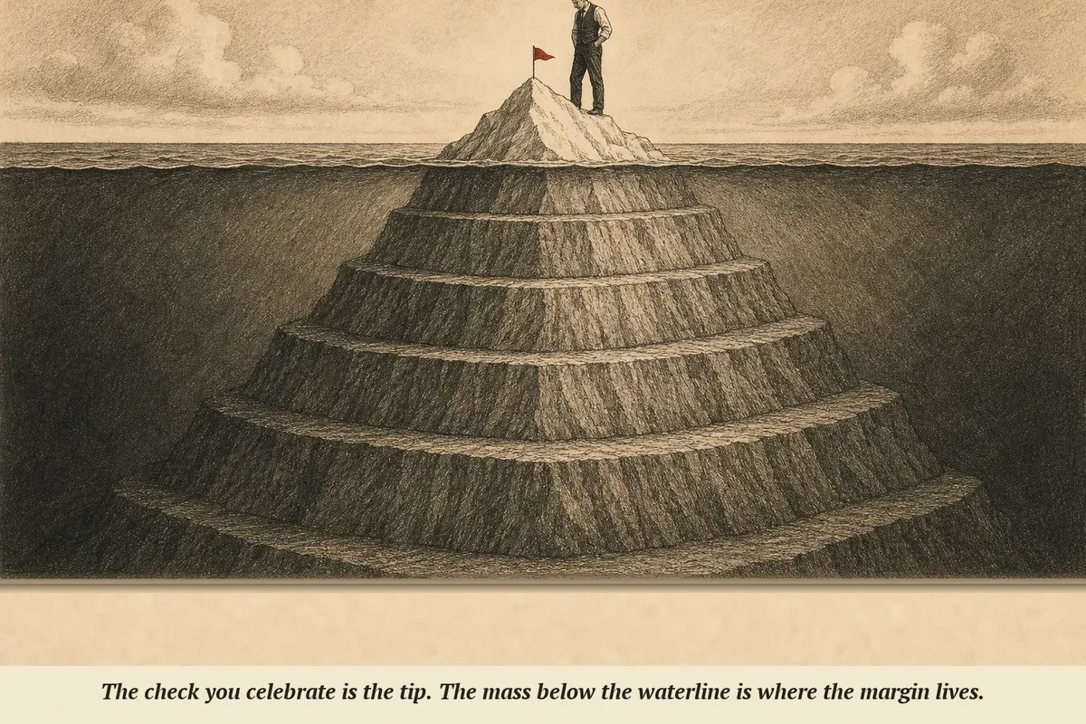 An iceberg in mid-century illustration style — above the waterline a small tip labeled 'Frontend Commission' and below the waterline an enormous mass labeled with layers 2 through 8