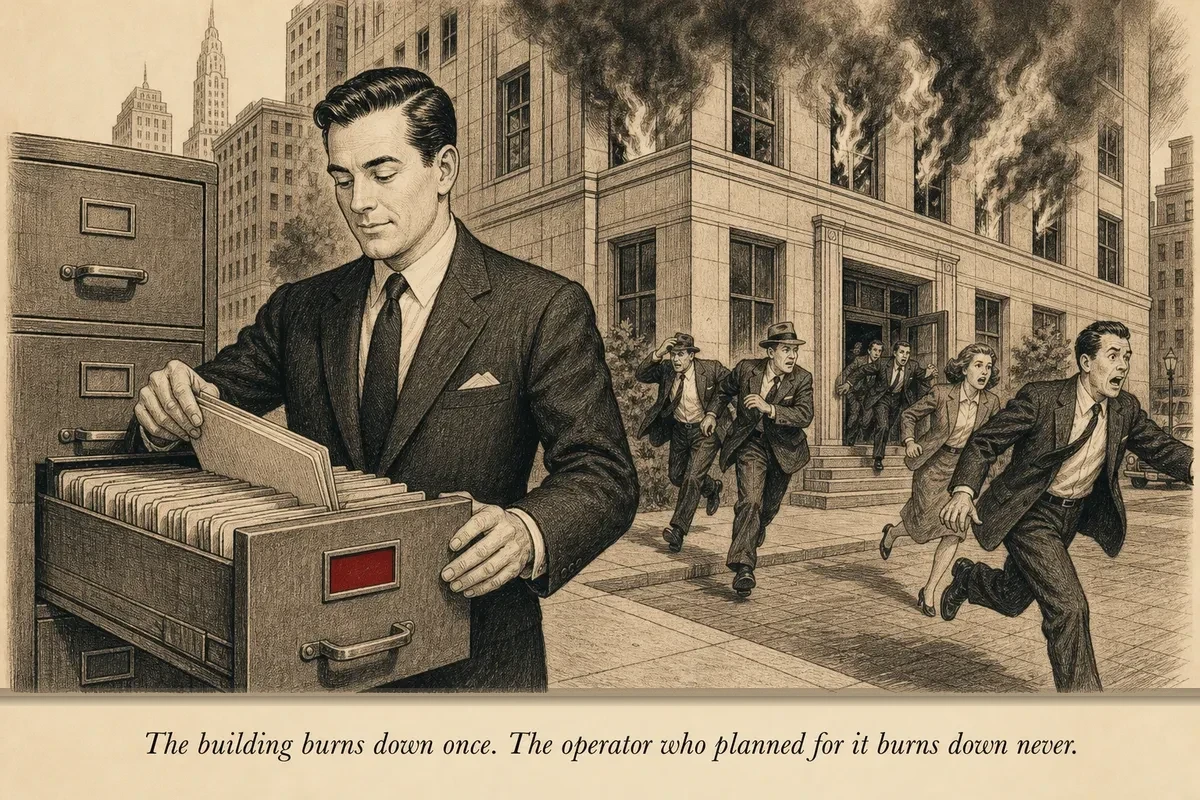 An operator calmly opens a filing cabinet labeled 'COPY' while behind him an office building burns, with other operators running out empty-handed