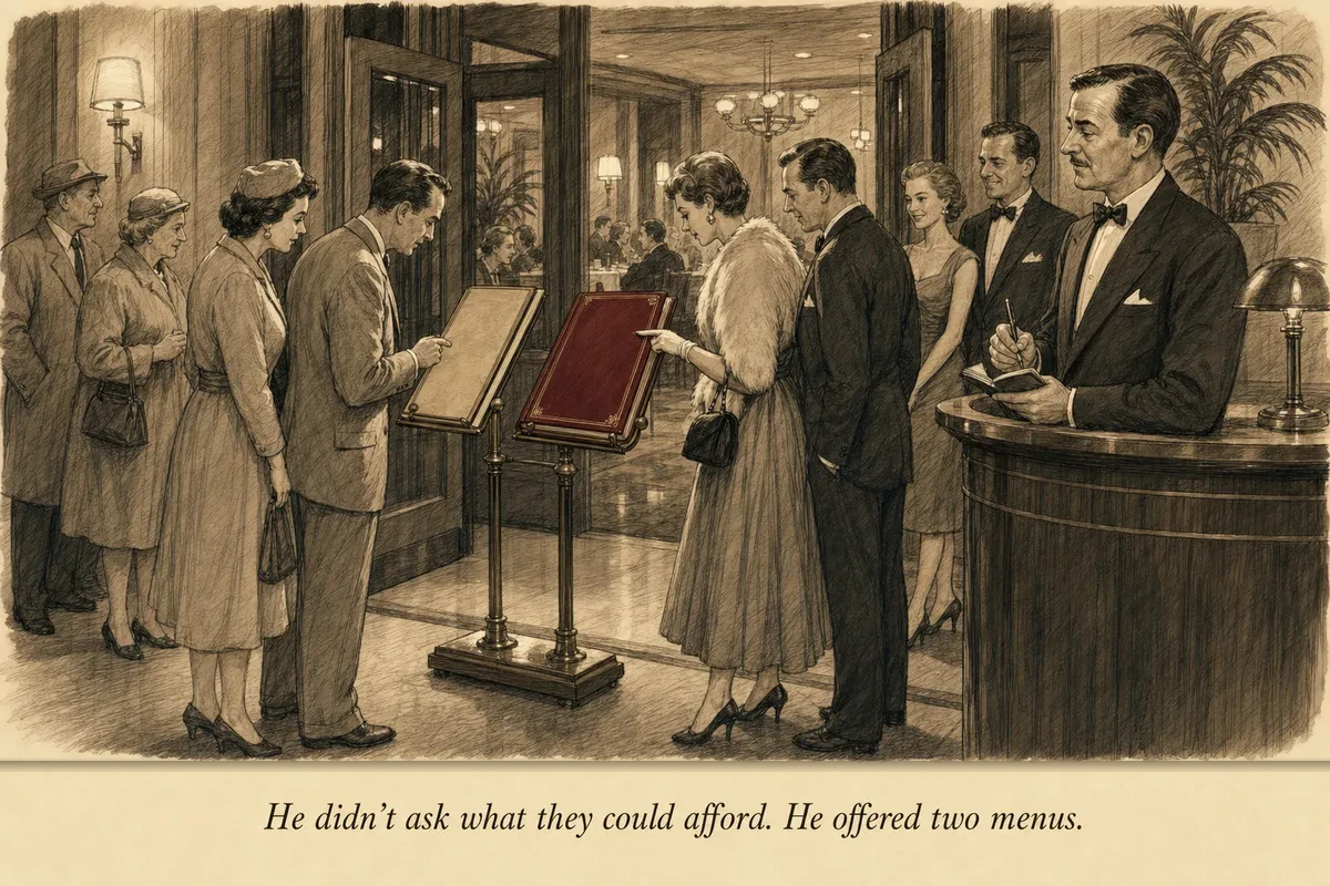 Restaurant diners naturally sorting themselves by choosing between a prix fixe card and a tasting menu card at three times the price while a maitre d observes with a notebook