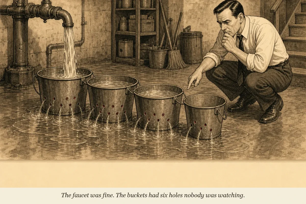 An operator examining a series of buckets under a faucet, each bucket with different-sized holes letting water escape while a full bucket sits at the end