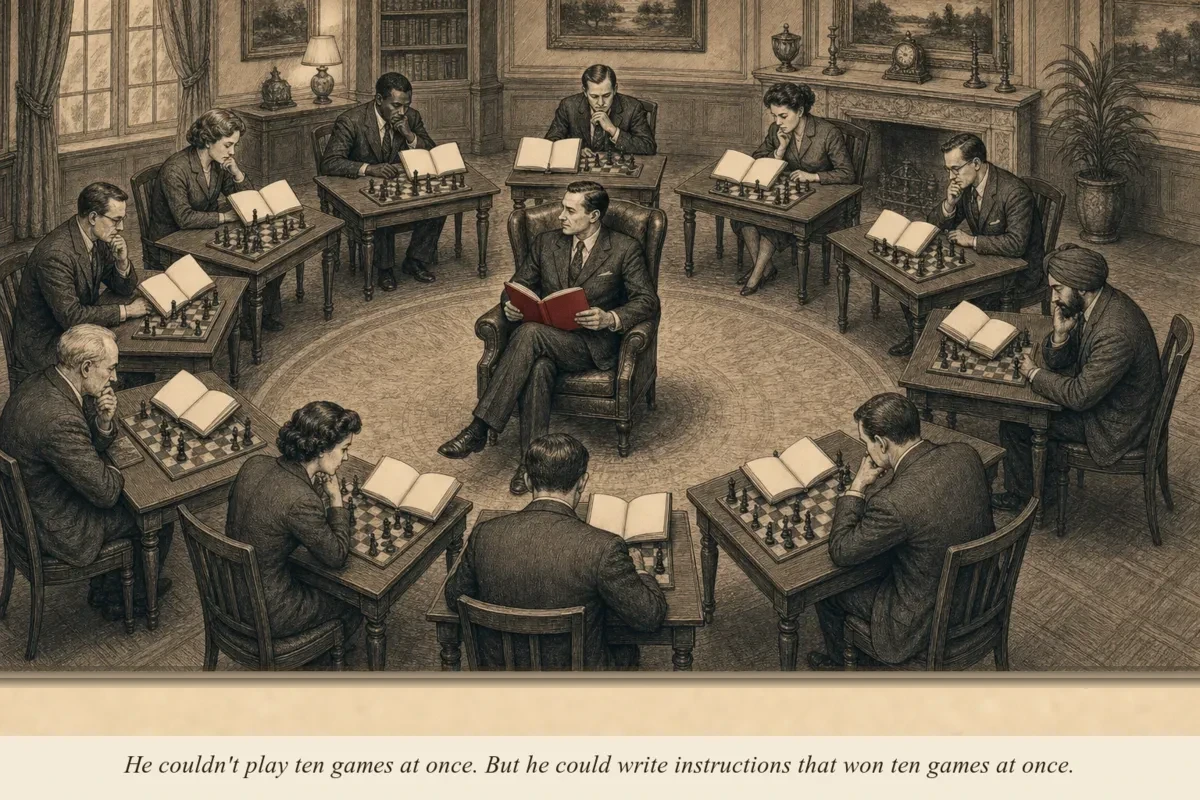 A master chess player sitting across from ten chess boards simultaneously, each board being played by a student following written instructions from the master's playbook