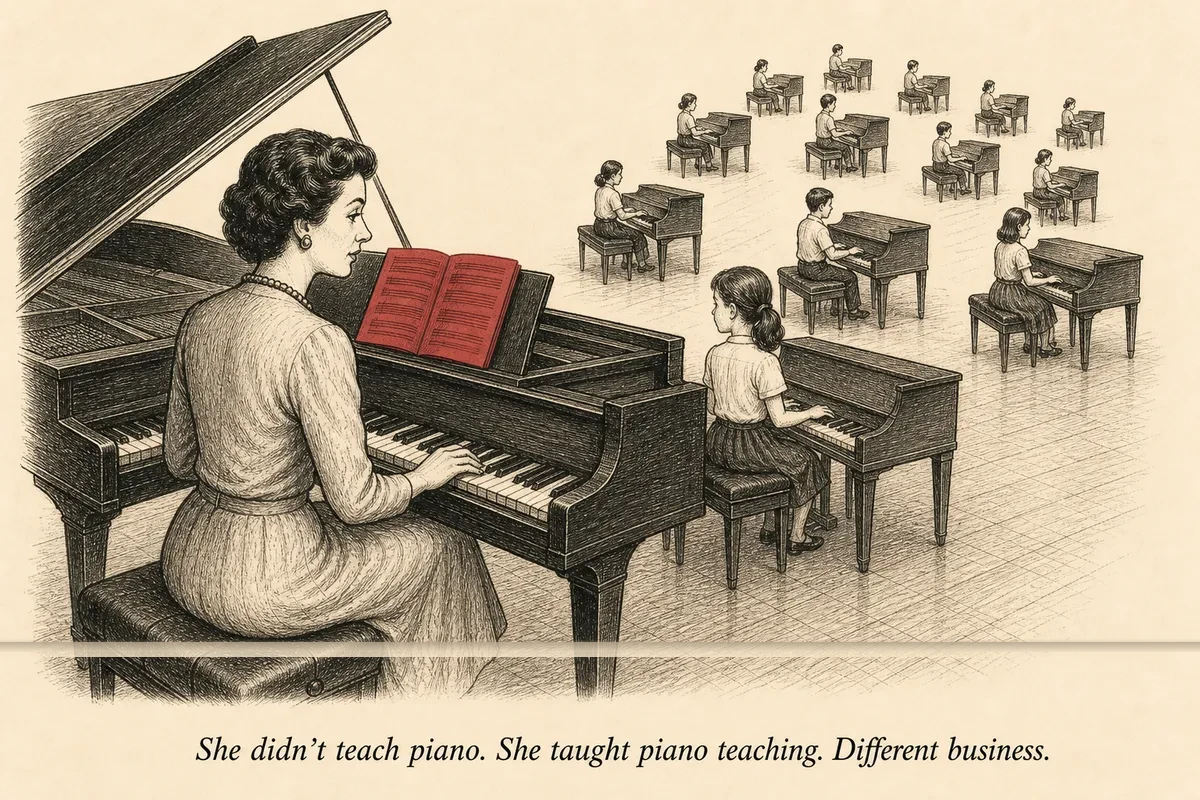 A piano teacher at a grand piano with three students seated at smaller pianos behind her — and behind each student, three more even smaller pianos with students of their own