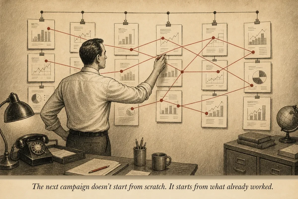 An operator studying a wall of past campaign results pinned chronologically, drawing connecting lines between the highest-performing elements