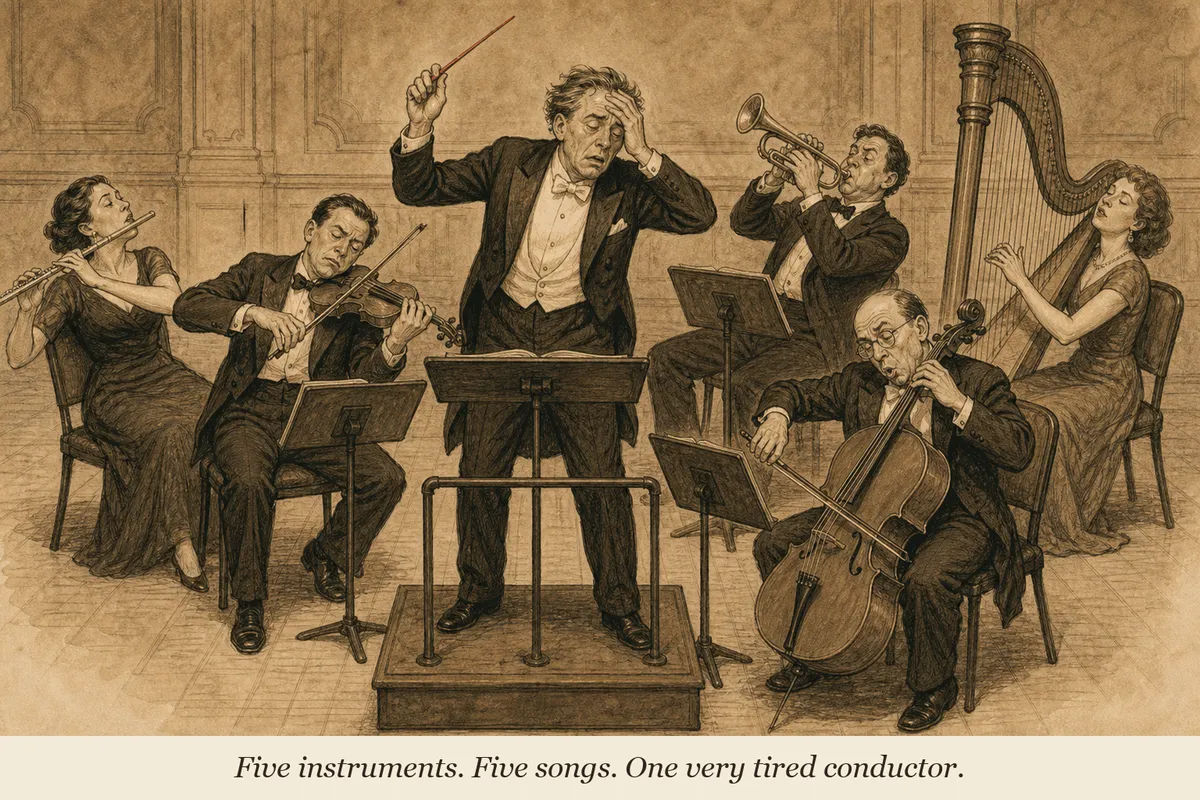 A conductor in a tailored suit stands at a podium facing five musicians — each playing a different instrument labeled EMAIL, ADS, LANDING PAGE, SOCIAL, PARTNER — and all of them are reading from different sheet music