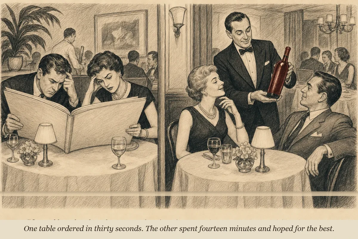 Two restaurant tables — one couple drowning in a massive wine list, the other couple smiling while a confident sommelier presents a single bottle