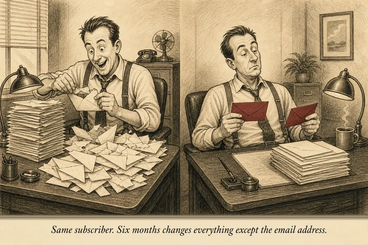 Two identical subscribers at different desks — one eager and wide-eyed opening every envelope, the other leaning back with a curated stack, ignoring the rest