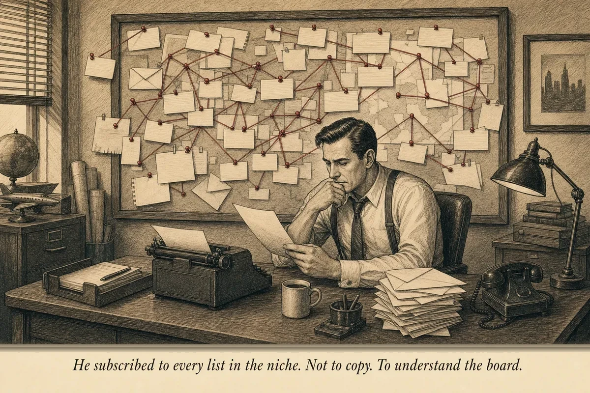An operator reading through a stack of opened mail at a desk while a wall behind him displays a neatly organized map of competitor strategies