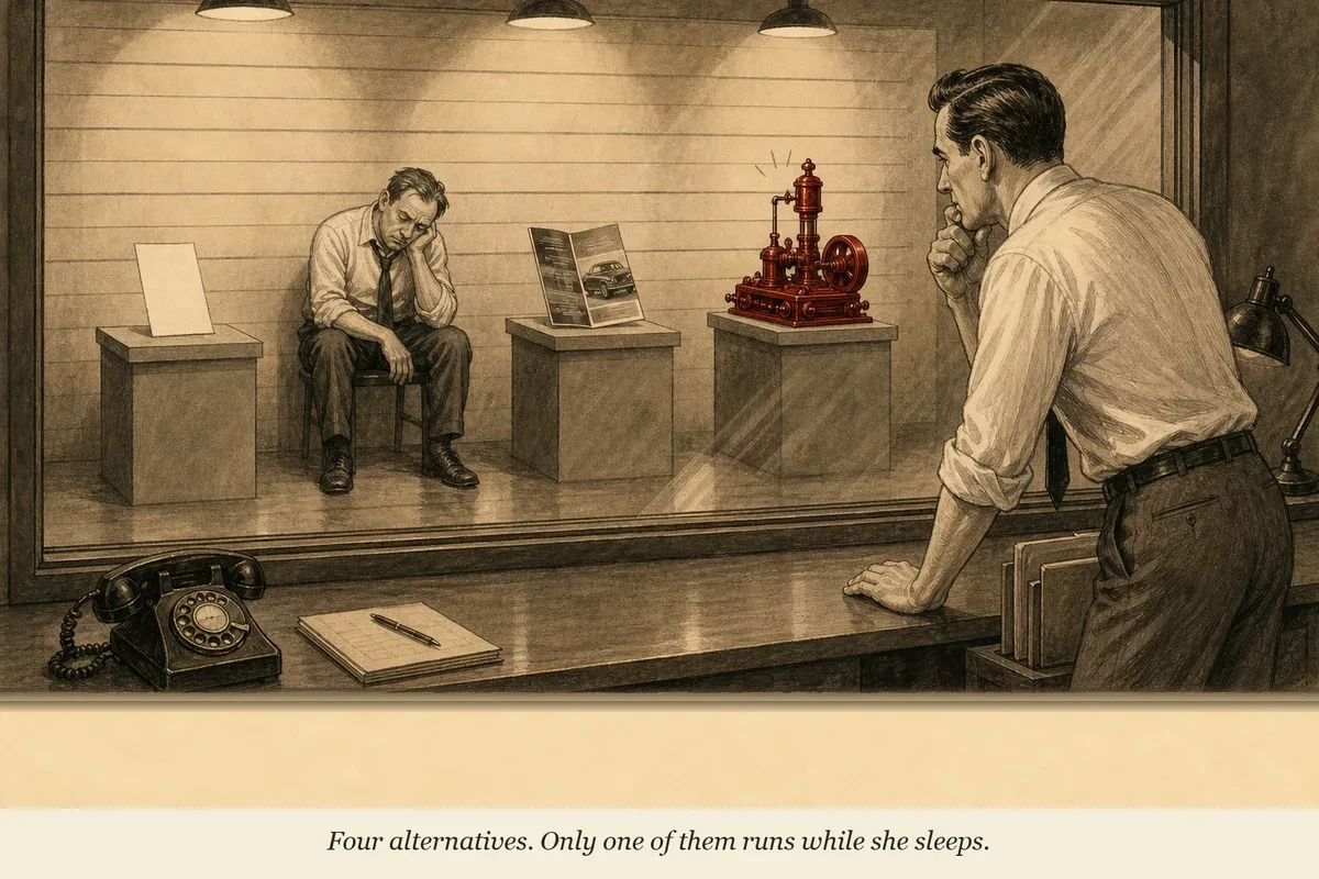 Four options lined up on a desk like suspects in a lineup — an affiliate link, a VA, an agency brochure, and a small elegant machine — the creator studies all four through one-way glass