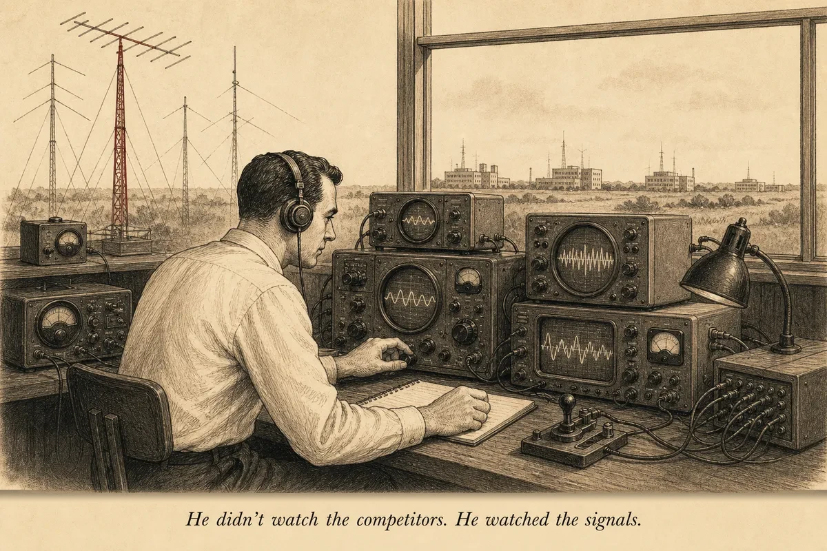 An operator at a periscope in a mid-century submarine, scanning the surface while a tracking board behind shows competitor positions marked with pins