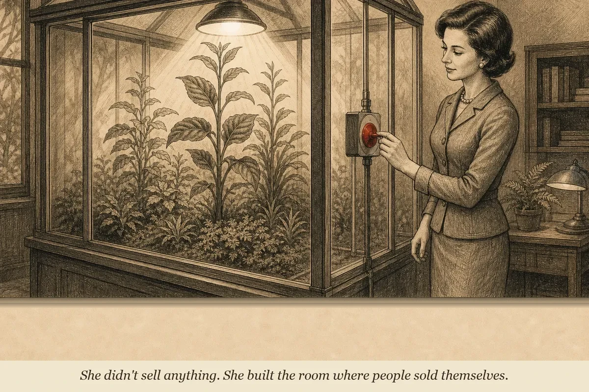 A woman in a 1960s suit tends a greenhouse while plants inside grow toward a light labeled 'OFFER' — she built the room, the plants grow themselves