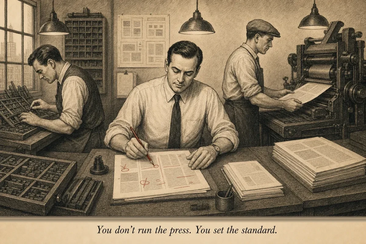 A mid-century newspaper printing house — compositors set type, editors mark up copy, pressmen feed the press — a clock on the wall, each station labeled DRAFT, REVIEW, APPROVE, SEND — the operator stands at the quality station with a red pencil