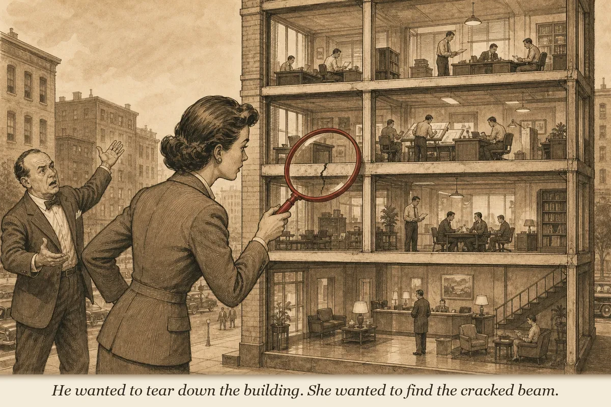 An engineer examining a four-story building with a magnifying glass, each floor labeled with a different word — Attention, Interest, Desire, Action — while a contractor behind him prepares to demolish the whole thing with a wrecking ball