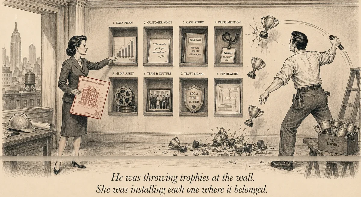 A construction foreman standing before a building facade with eight labeled shelves, each holding a different type of evidence — a chart, a quote card, a folder, a badge, a film reel, a crowd, a shield, a blueprint — while another worker randomly tosses identical trophies at the wall