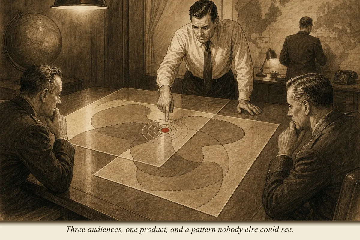 An operator at a large desk covered in three transparent overlapping maps, pointing to the single spot where all three converge, a bright signal glowing at the intersection