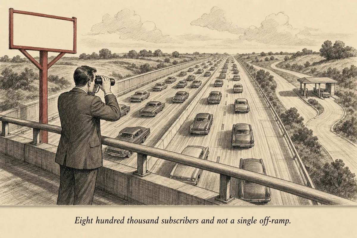 An operator studying a highway through binoculars, watching thousands of cars speed past an exit ramp with no off-ramp sign