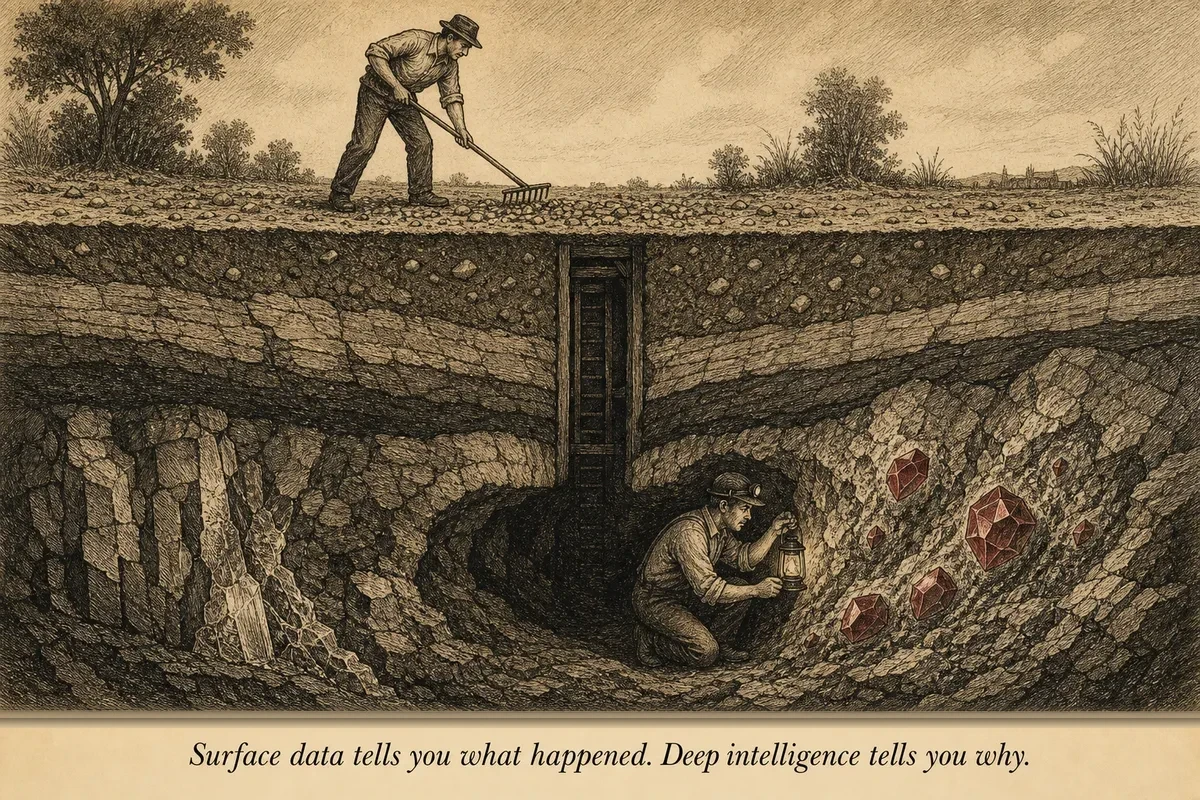 Two miners in a cross-section of earth — one scrapes the surface with a rake, the other descends a shaft with a lantern, finding gems deeper down