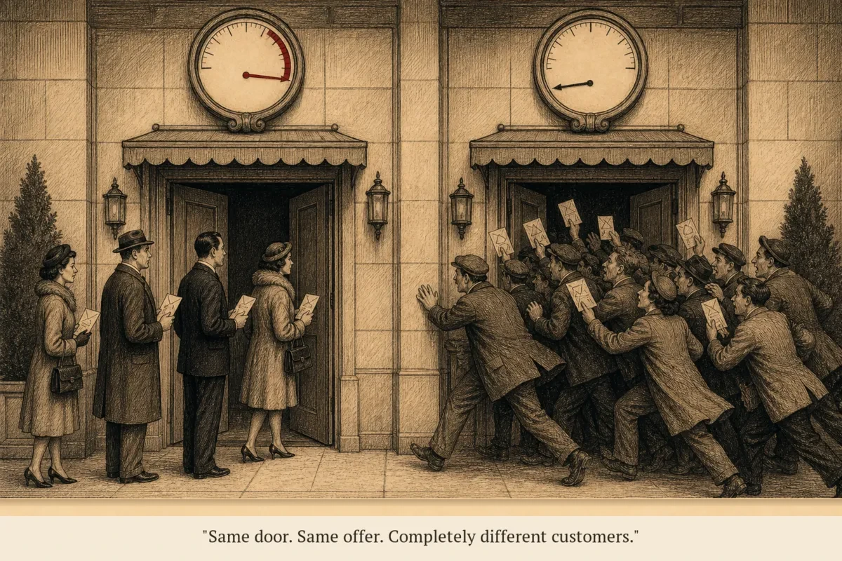 Two identical doors side by side — one with a long queue of well-dressed people holding referral letters, the other with a crowd rushing in holding discount coupons — and the revenue gauges above each door showing wildly different numbers